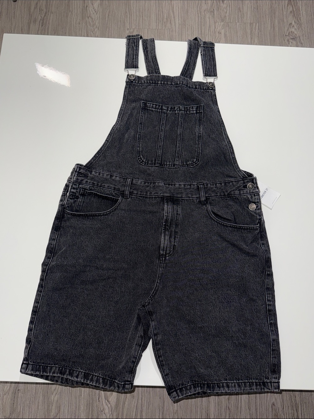 Forever 21 Womens Black Mid Rise Roll Up Hem Denim Short Overalls Size XL